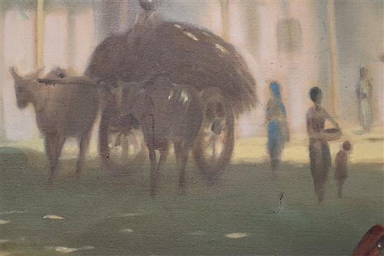 Indian School, oil on canvas, Indian Street scene, indistinctly signed, 66 x 122cm